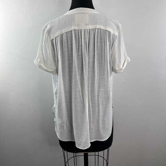 MAEVE White Crinkled Blouse Cotton Short Sleeve Round Hem Pullover Size X-Small - Picture 5 of 9
